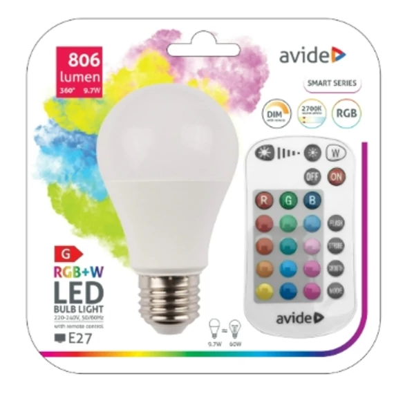 LEDES GÖMB 230V E27  9,7W RGB+W 2700K    +TÁVIRÁNYÍTÓ