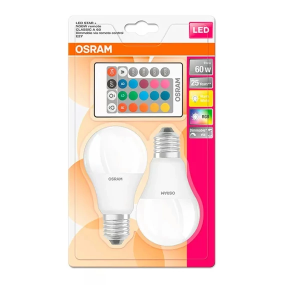 LEDES GÖMB 230V E27  9W RGBW+TÁVIR. OSRAM SZETT (2db/cs)