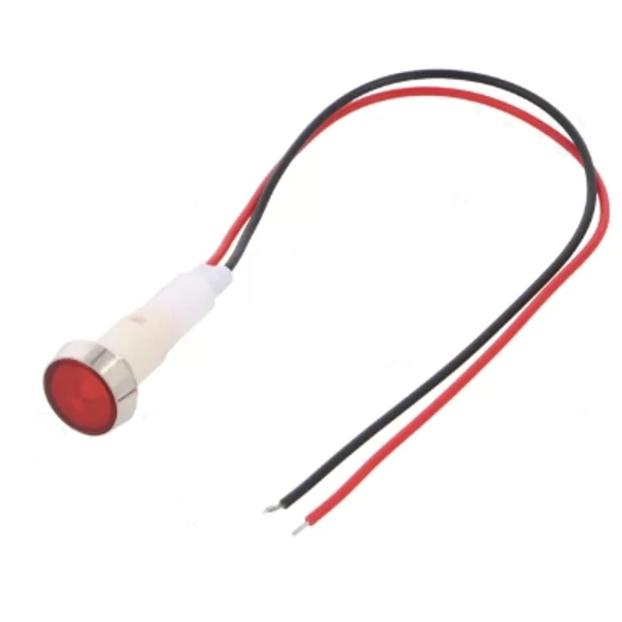 JELZŐLÁMPA BEFÚRHATÓ PIROS 12V DC  furat:10mm +vezeték
